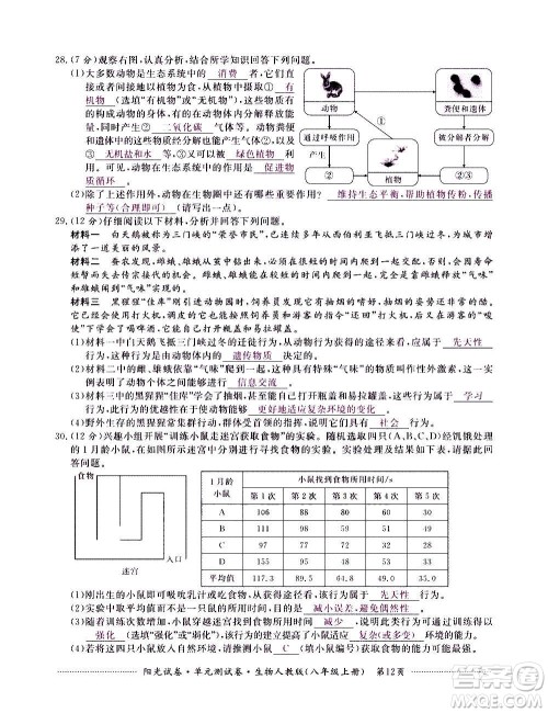 江西高校出版社2020阳光试卷单元测试卷生物八年级上册人教版答案 江西高校出版社2020阳光试卷单元测试卷生物八年级上册人教版答案