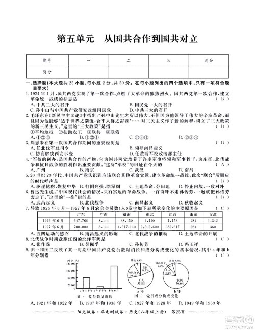 江西高校出版社2020阳光试卷单元测试卷历史八年级上册人教版答案