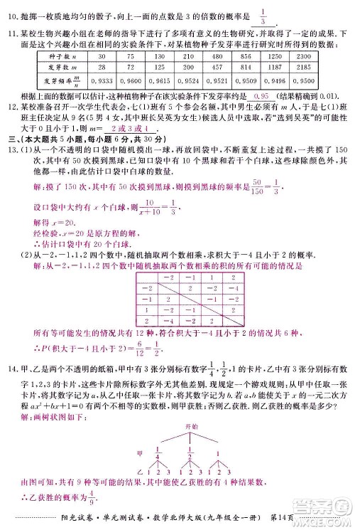 江西高校出版社2020阳光试卷单元测试卷数学九年级全一册北师大版答案 江西高校出版社2020阳光试卷单元测试卷数学九年级全一册北师大版答案
