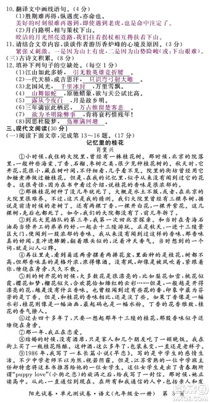 江西高校出版社2020阳光试卷单元测试卷语文九年级全一册部编版答案