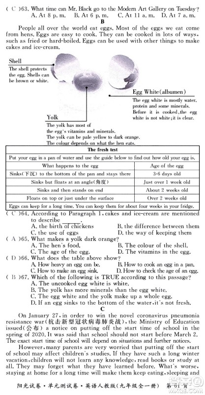 江西高校出版社2020阳光试卷单元测试卷英语九年级全一册人教版答案