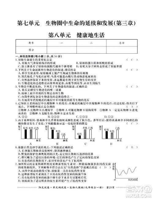 江西高校出版社2020阳光试卷单元测试卷生物九年级全一册人教版答案 江西高校出版社2020阳光试卷单元测试卷生物九年级全一册人教版答案