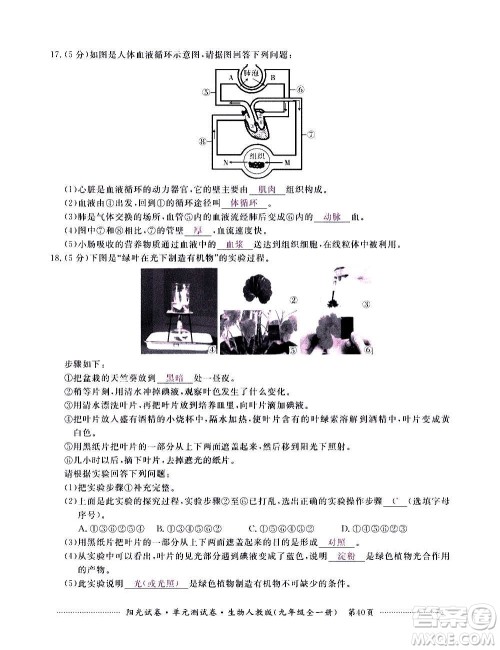 江西高校出版社2020阳光试卷单元测试卷生物九年级全一册人教版答案 江西高校出版社2020阳光试卷单元测试卷生物九年级全一册人教版答案
