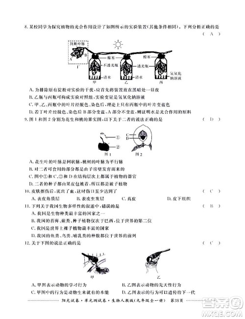 江西高校出版社2020阳光试卷单元测试卷生物九年级全一册人教版答案 江西高校出版社2020阳光试卷单元测试卷生物九年级全一册人教版答案