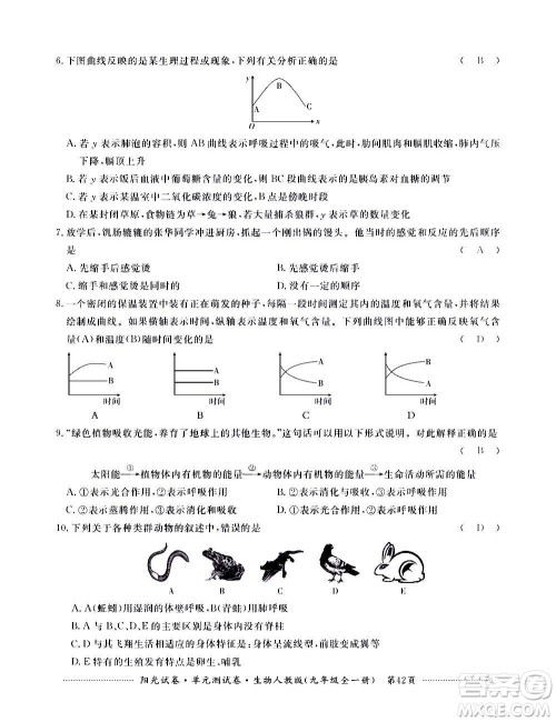 江西高校出版社2020阳光试卷单元测试卷生物九年级全一册人教版答案 江西高校出版社2020阳光试卷单元测试卷生物九年级全一册人教版答案