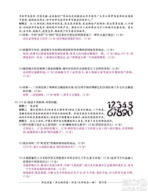 江西高校出版社2020阳光试卷单元测试卷历史九年级全一册部编版答案