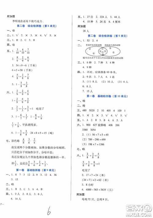 河北少年儿童出版社2020单元检测卷三年级数学上册人教版答案