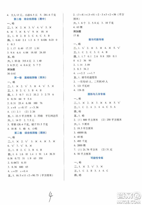 河北少年儿童出版社2020单元检测卷五年级数学上册人教版答案