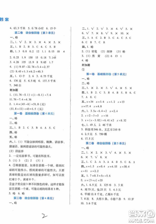河北少年儿童出版社2020单元检测卷五年级数学上册人教版答案