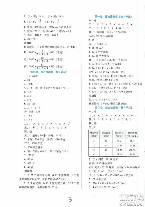 河北少年儿童出版社2020秋单元检测卷六年级数学上册人教版答案
