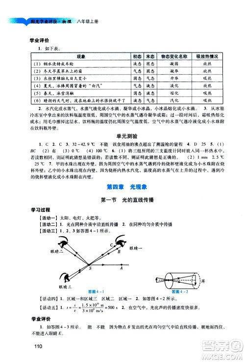 广州出版社2020阳光学业评价物理八年级上册人教版答案