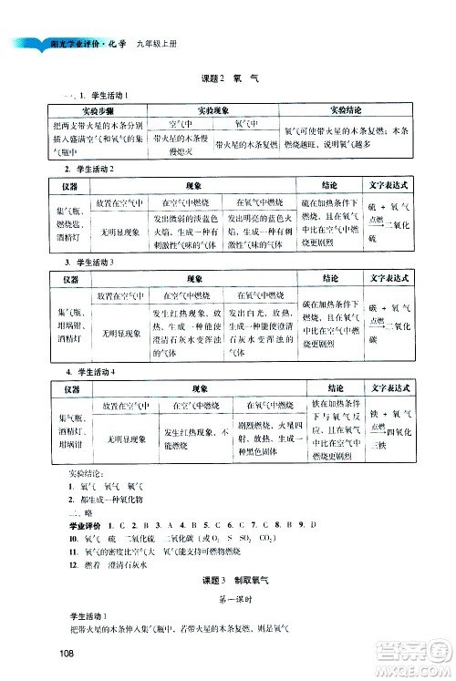 广州出版社2020阳光学业评价化学九年级上册人教版答案 广州出版社2020阳光学业评价化学九年级上册人教版答案