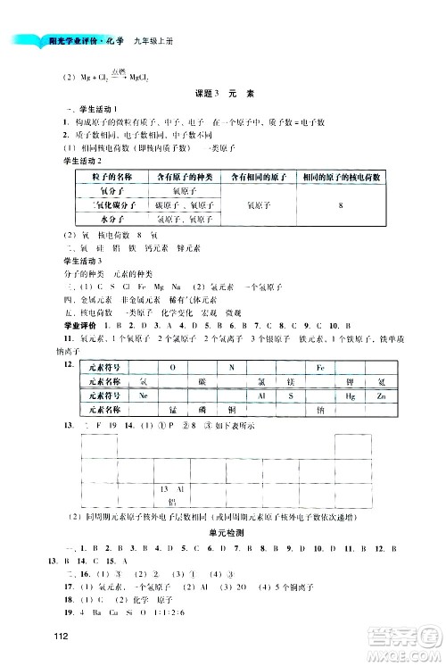 广州出版社2020阳光学业评价化学九年级上册人教版答案