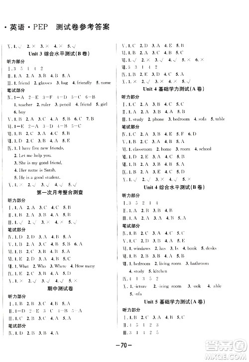 西安出版社2020创新考王英语四年级上册新课标PEP人教版答案