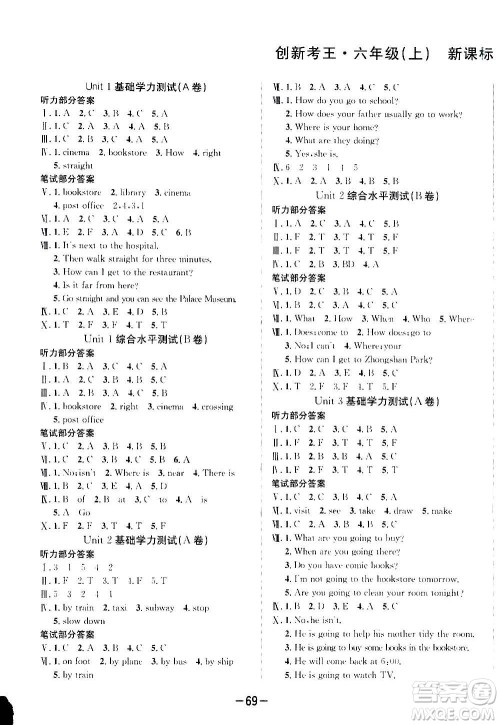 西安出版社2020创新考王英语六年级上册新课标PEP人教版答案