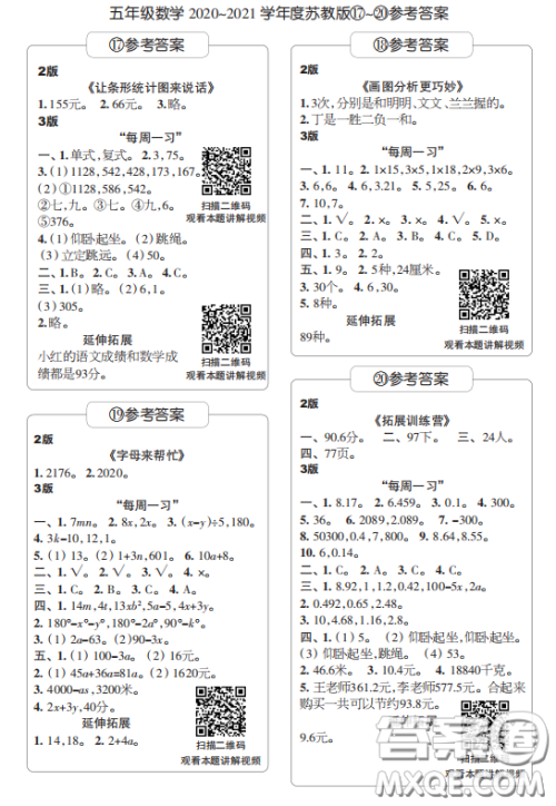 2020年时代学习报数学周刊小学数学苏教版五年级17-20答案 2020年时代学习报数学周刊小学数学苏教版五年级17-20答案