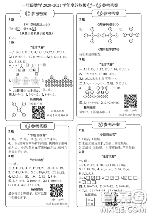 2020年时代学习报数学周刊小学数学苏教版一年级17-20答案