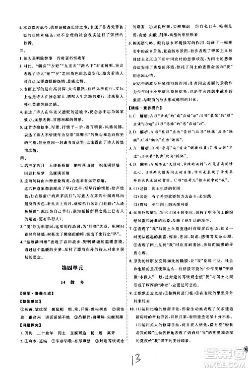 延边教育出版社2020优学案课时通语文九年级全一册RJ人教版云南专用答案