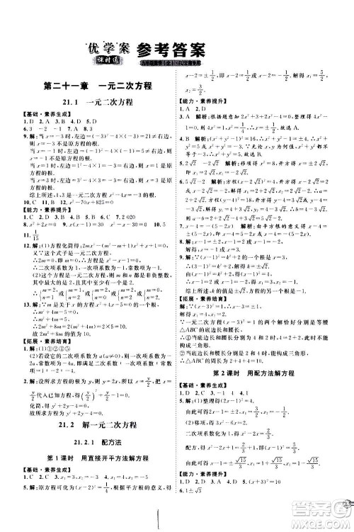 延边教育出版社2020优学案课时通数学九年级全一册RJ人教版云南专用答案