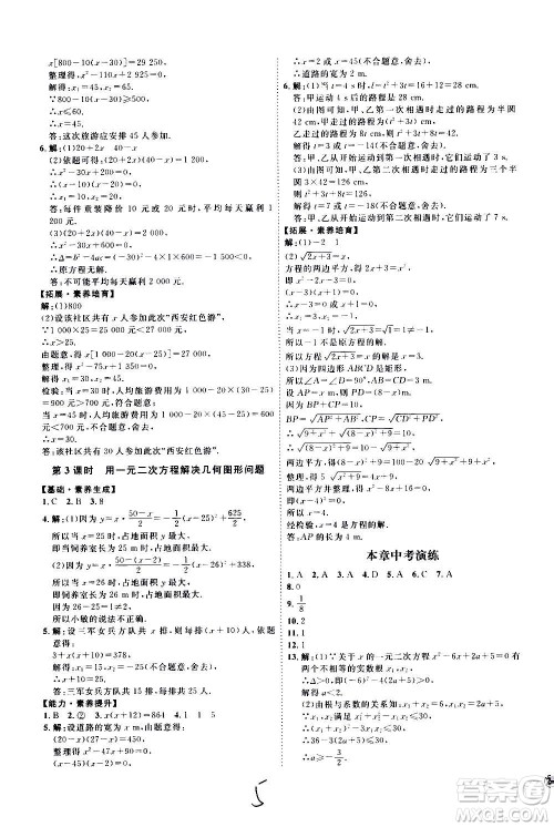 延边教育出版社2020优学案课时通数学九年级全一册RJ人教版云南专用答案