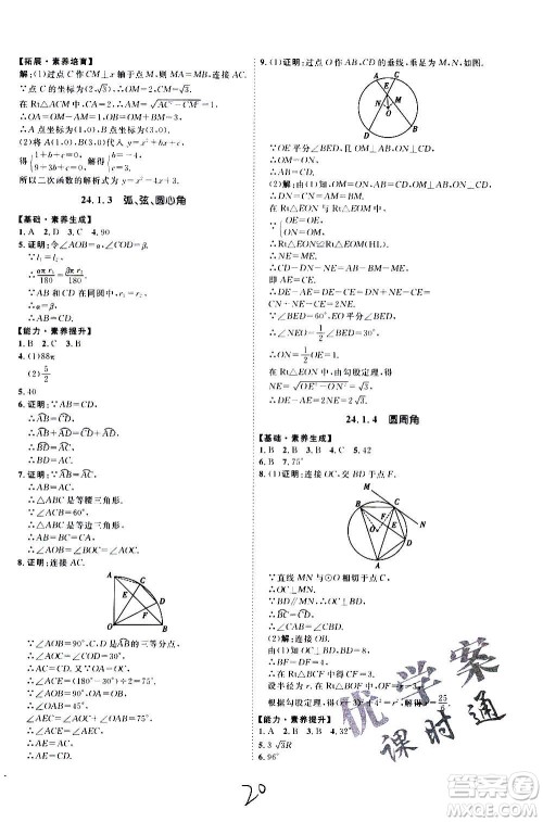 延边教育出版社2020优学案课时通数学九年级全一册RJ人教版云南专用答案