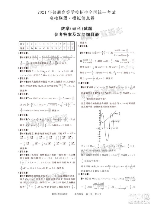 2021年普通高等学校招生全国统一考试河南名校联盟模拟信息卷理科数学试题及答案