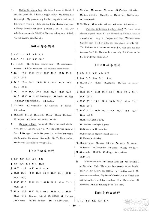浙江教育出版社2020初中同步测控全优设计七年级上册英语R人教版答案