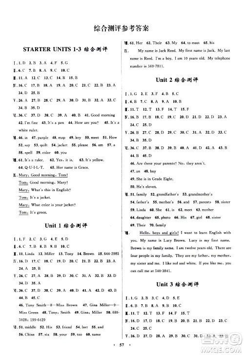 浙江教育出版社2020初中同步测控全优设计七年级上册英语R人教版答案
