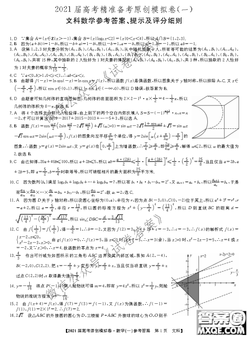 2021届高考精准备备考原创模拟卷一文科数学试题及答案