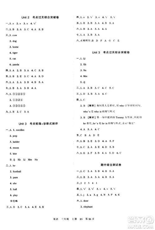 江西人民出版社2020秋王朝霞考点梳理时习卷英语三年级上册BS北师版答案