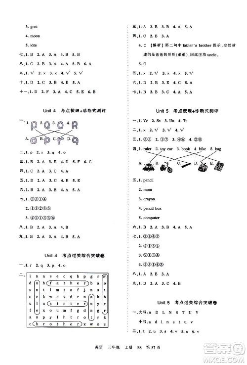 江西人民出版社2020秋王朝霞考点梳理时习卷英语三年级上册BS北师版答案