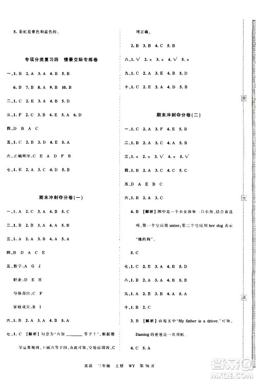 江西人民出版社2020秋王朝霞考点梳理时习卷英语三年级上册WY外研版答案 江西人民出版社2020秋王朝霞考点梳理时习卷英语三年级上册WY外研版答案