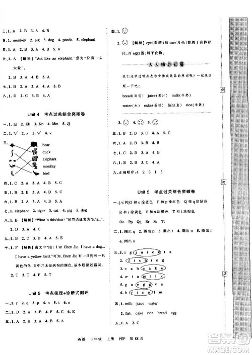 江西人民出版社2020秋王朝霞考点梳理时习卷英语三年级上册PEP人教版答案