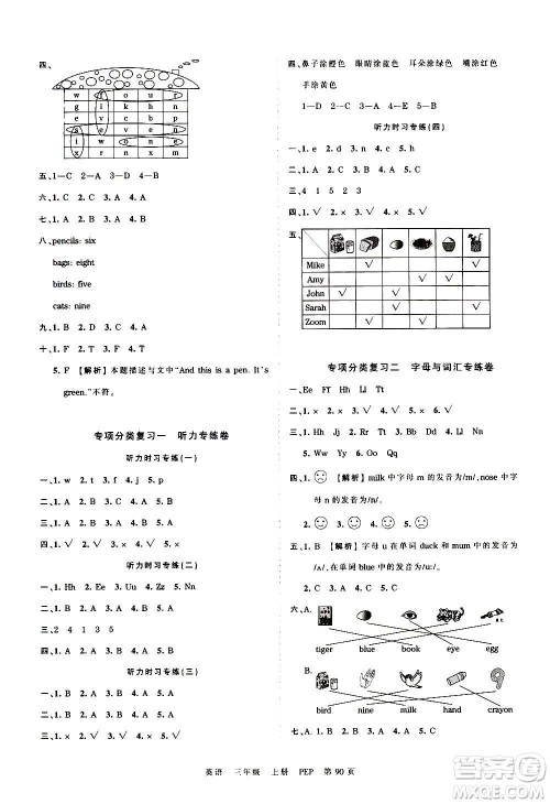 江西人民出版社2020秋王朝霞考点梳理时习卷英语三年级上册PEP人教版答案