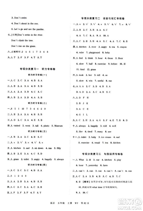 江西人民出版社2020秋王朝霞考点梳理时习卷英语五年级上册WY外研版答案