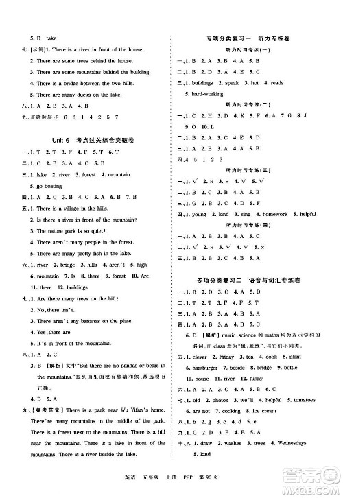 江西人民出版社2020秋王朝霞考点梳理时习卷英语五年级上册PEP人教版答案