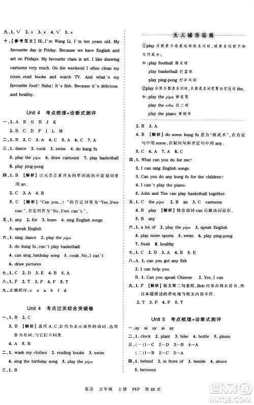 江西人民出版社2020秋王朝霞考点梳理时习卷英语五年级上册PEP人教版答案