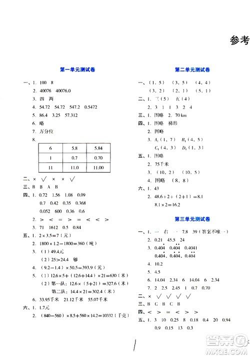 ​湖南教育出版社2020湘教考苑单元测试卷数学五年级上册人教版答案