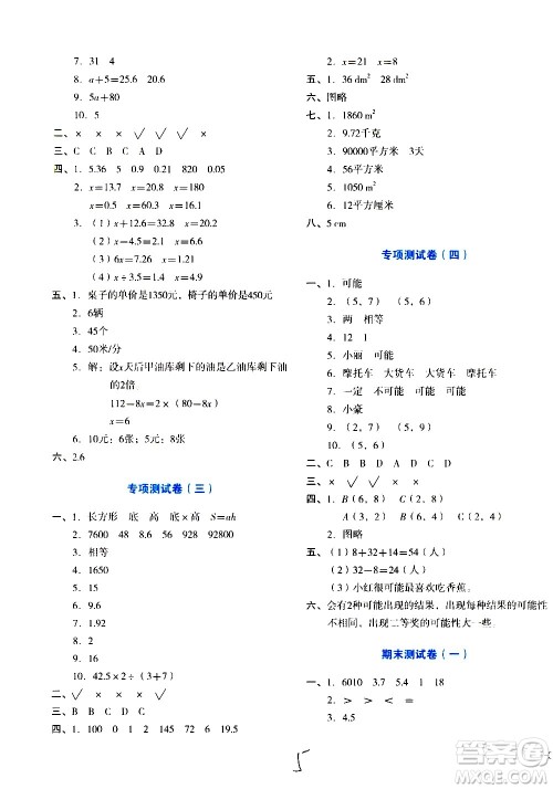 ​湖南教育出版社2020湘教考苑单元测试卷数学五年级上册人教版答案