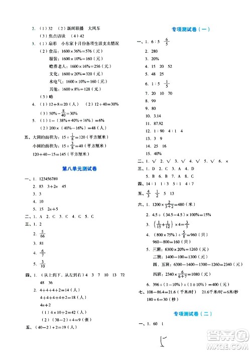 ​湖南教育出版社2020湘教考苑单元测试卷数学六年级上册人教版答案