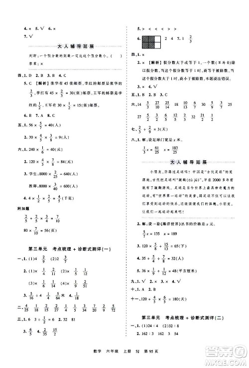 江西人民出版社2020秋王朝霞考点梳理时习卷数学六年级上册SJ苏教版答案