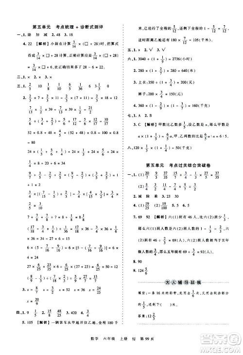江西人民出版社2020秋王朝霞考点梳理时习卷数学六年级上册SJ苏教版答案
