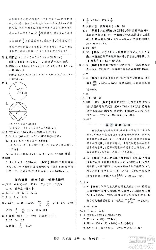 江西人民出版社2020秋王朝霞考点梳理时习卷数学六年级上册RJ人教版答案