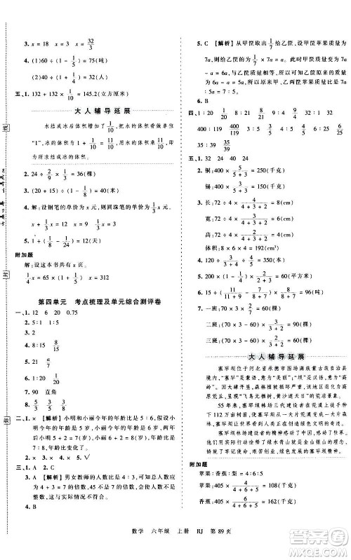 江西人民出版社2020秋王朝霞考点梳理时习卷数学六年级上册RJ人教版答案