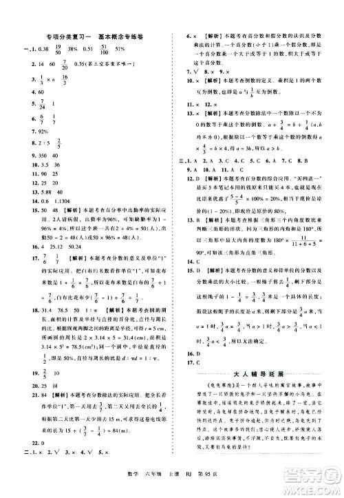 江西人民出版社2020秋王朝霞考点梳理时习卷数学六年级上册RJ人教版答案