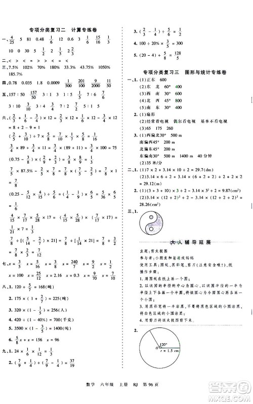 江西人民出版社2020秋王朝霞考点梳理时习卷数学六年级上册RJ人教版答案