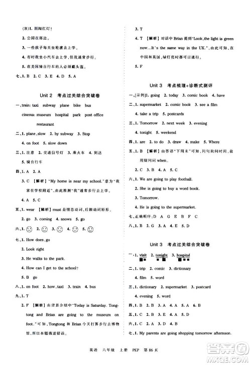 江西人民出版社2020秋王朝霞考点梳理时习卷英语六年级上册PEP人教版答案