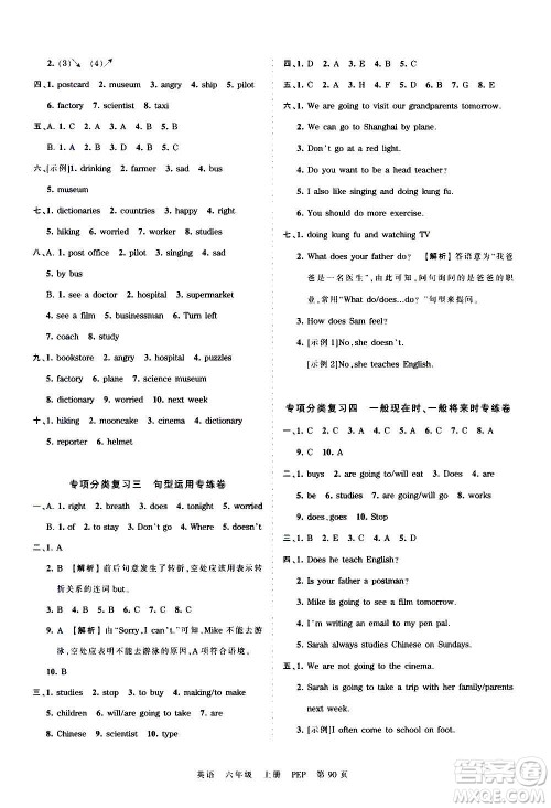 江西人民出版社2020秋王朝霞考点梳理时习卷英语六年级上册PEP人教版答案