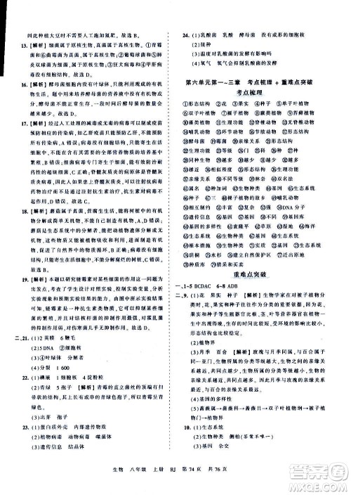 江西人民出版社2020秋王朝霞考点梳理时习卷生物八年级上册RJ人教版答案