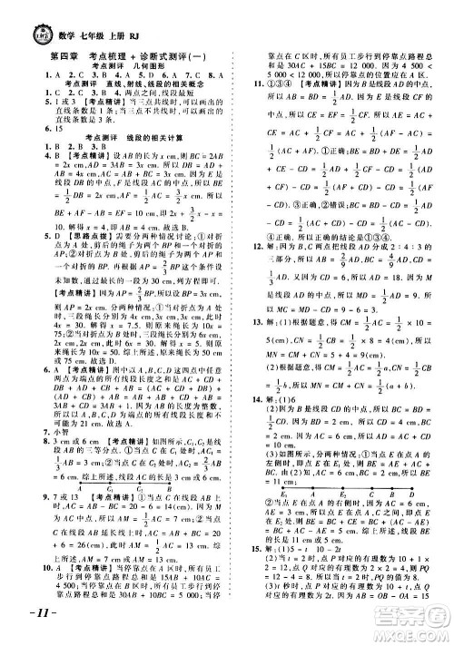 江西人民出版社2020秋王朝霞考点梳理时习卷数学七年级上册RJ人教版答案